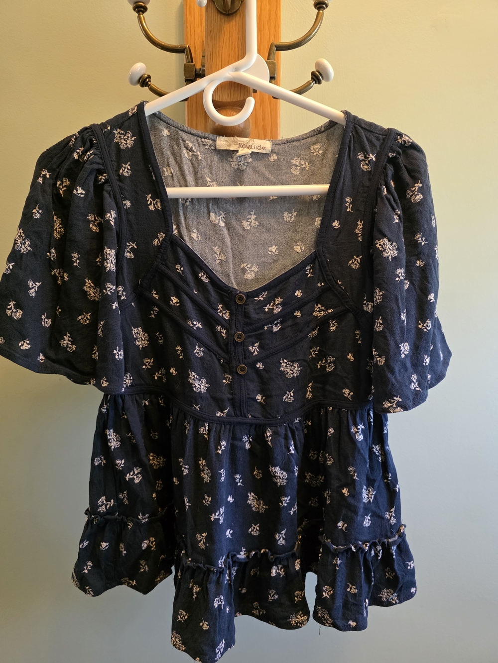 Rewind Navy Floral Button-Front Peplum Top